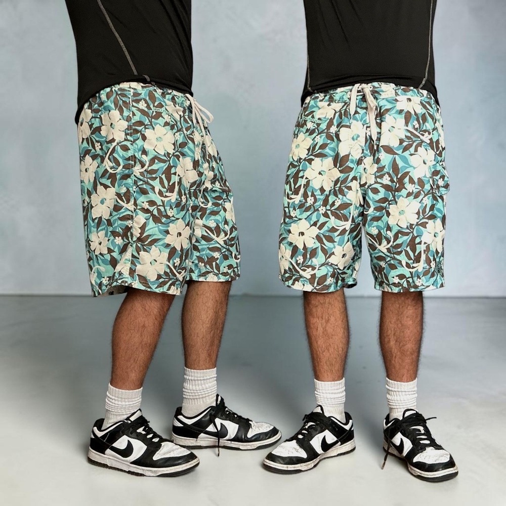 Body Glove Floral Board Shorts Teal Brown Hibiscus Swim Trunks Large Y2K Retro
